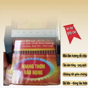 Nhang Bo Vàng Lùn 919 cây – dòng nhang thơm nhiều người dùng với mùi Đàn hương đầm dịu, ít khói, sạch trần nhà. Phù hợp dùng hàng ngày cho gia đình, chung cư, nhà trần thấp. Bó đại siêu tiết kiệm, an toàn và dễ chịu khi sử dụng.