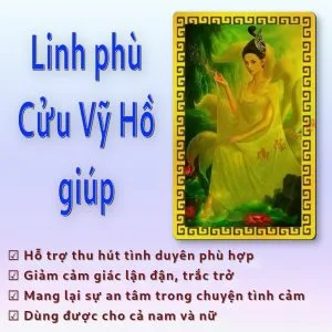 Linh phù cầu duyên Cửu Vỹ Hồ giúp cải thiện tình duyên lận đận, thu hút nhân duyên lành và giữ gìn tình cảm gia đình. Thiết kế dán điện thoại nhỏ gọn.