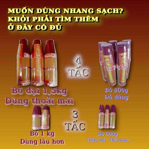 Nhang tự nhiên 4 tấc 1.5kg dùng hàng ngày, ít khói, không mùi hóa chất, bó lớn tiết kiệm cho gia đình. Phù hợp nhà phố, chung cư, thắp hương mỗi ngày.