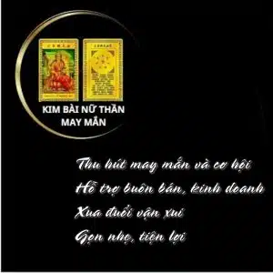 Kim bài Nữ thần may mắn nhỏ gọn để bóp ví, điện thoại. Giúp thu hút may mắn, hỗ trợ công việc hanh thông, buôn bán thuận lợi và xua xui xẻo.