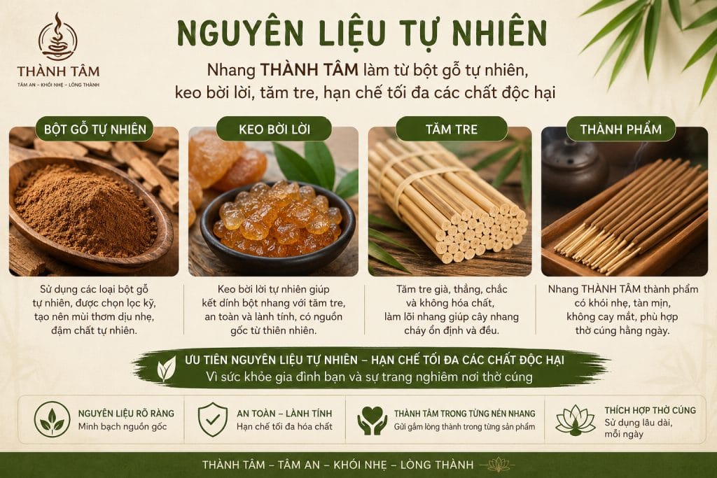 Nguyên liệu Nhang THÀNH TÂM làm từ gì? Gồm bột gỗ tự nhiên keo bời lời và tăm tre