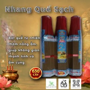 Nhang quế sạch THÀNH TÂM được làm từ nguyên liệu thảo mộc và bột quế tự nhiên, đóng bó lục giác 630 cây, thích hợp sử dụng trong thờ cúng, thiền và tụng kinh.