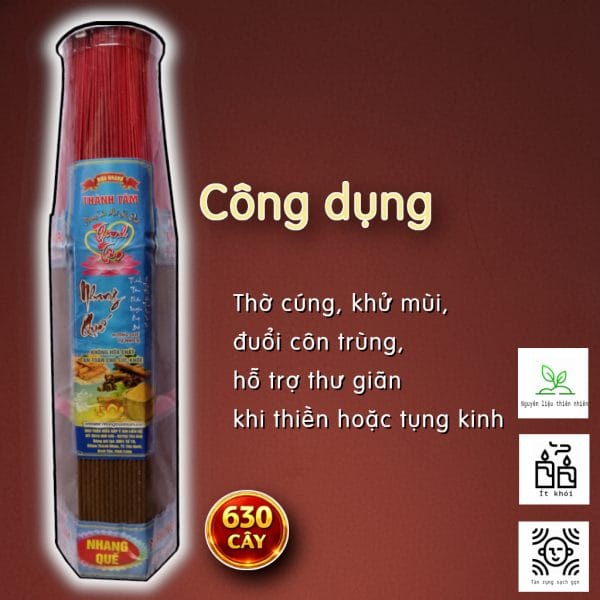 Nhang quế sạch THÀNH TÂM được làm từ nguyên liệu thảo mộc và bột quế tự nhiên, đóng bó lục giác 630 cây, thích hợp sử dụng trong thờ cúng, thiền và tụng kinh.