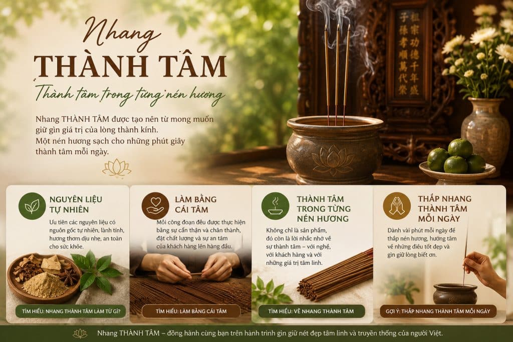 Nhang THÀNH TÂM được tạo nên từ mong muốn giữ gìn giá trị của lòng thành kính. Một nén hương sạch cho những phút giây thành tâm mỗi ngày.