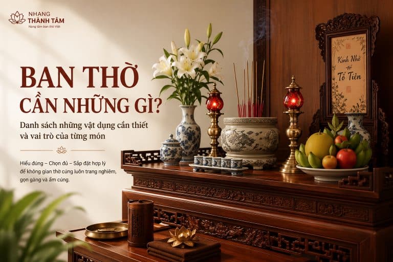 Ban thờ cần những gì? Tìm hiểu những vật dụng cần có, vai trò của từng món và cách chuẩn bị ban thờ trang nghiêm, gọn gàng.`