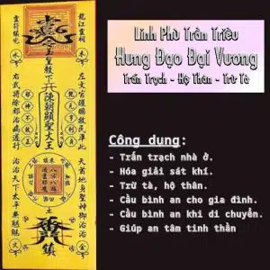 Phù trấn trạch trừ tà theo tín ngưỡng dân gian, thường được sử dụng để hộ thân, trấn trạch và cầu bình an. Linh Phù Trần Triều Hưng Đạo Đại Vương phù hợp dùng cho nhà ở, xe ô tô hoặc mang theo bên mình.