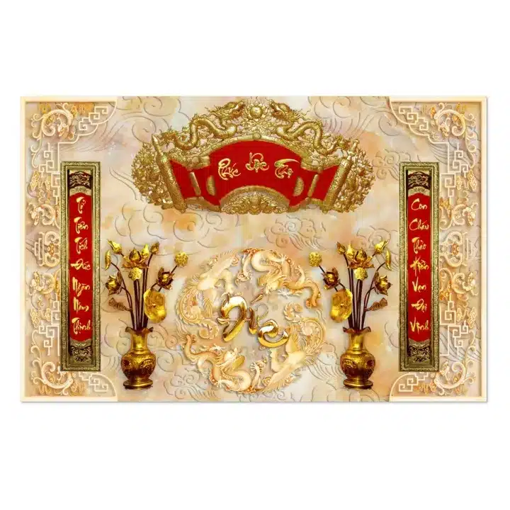 Tranh Bàn Thờ Gia Tiên dán tường PP cao cấp, in công nghệ Nhật Bản, nhiều mẫu và kích thước, lựa chọn PP thường hoặc PP kim sa, dễ thi công.