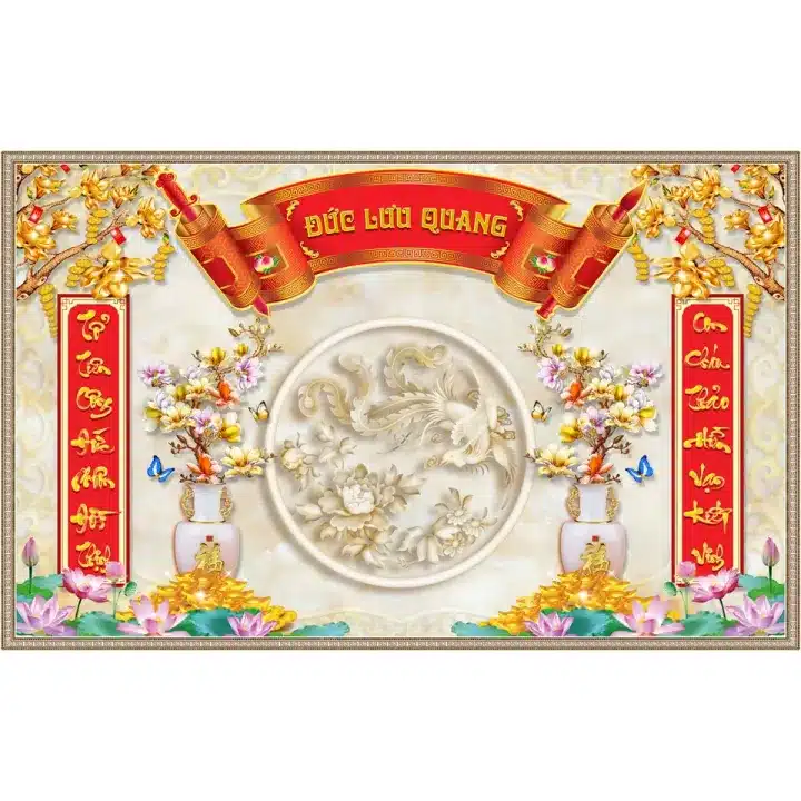 Tranh Bàn Thờ Gia Tiên dán tường PP cao cấp, in công nghệ Nhật Bản, nhiều mẫu và kích thước, lựa chọn PP thường hoặc PP kim sa, dễ thi công.