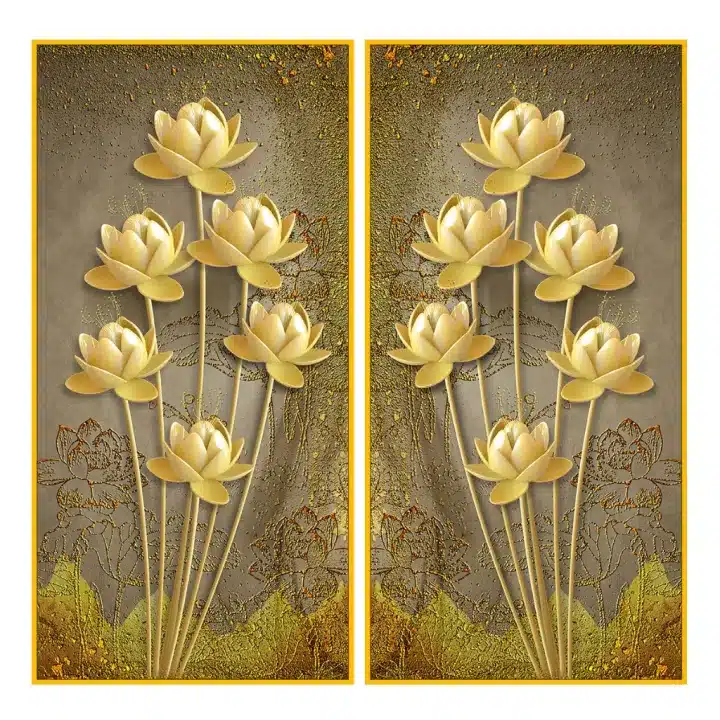 Tranh hoa sen phòng thờ chất liệu PP kim sa cao cấp, bộ 2 tấm nhiều kích thước 30x60, 40x80, 50x100, 60x120cm. Thiết kế trang trọng, dễ dán, sản xuất tại Việt Nam.