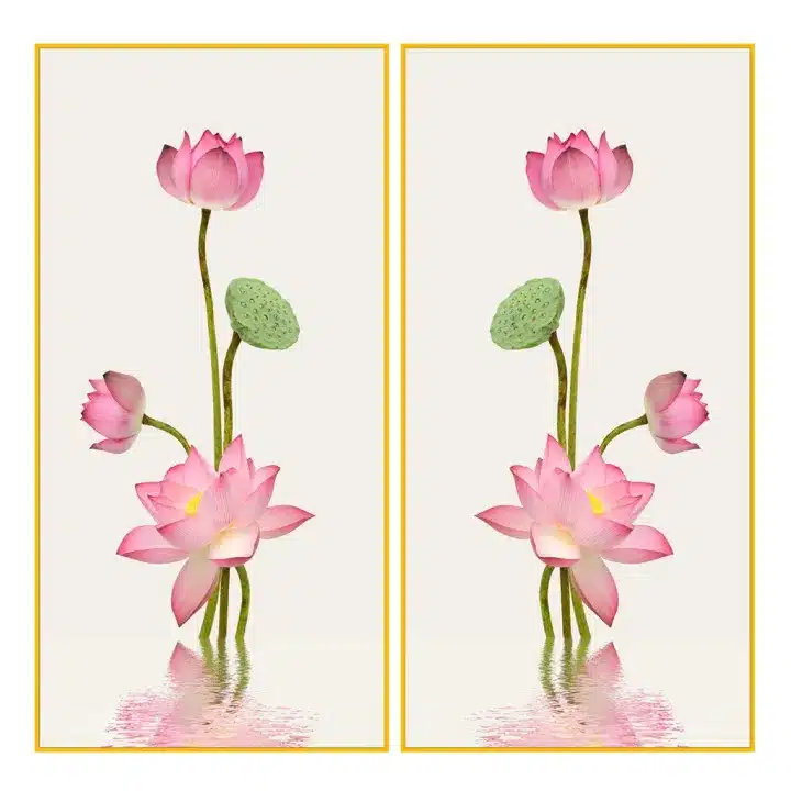 Tranh hoa sen phòng thờ chất liệu PP kim sa cao cấp, bộ 2 tấm nhiều kích thước 30x60, 40x80, 50x100, 60x120cm. Thiết kế trang trọng, dễ dán, sản xuất tại Việt Nam.