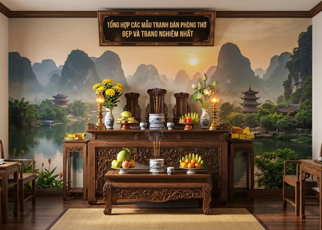 Tổng hợp các mẫu tranh dán phòng thờ đẹp, chất liệu PP kim sa cao cấp chống nước, dễ lau chùi, giúp ban thờ gia tiên luôn thanh tịnh và ấm cúng.